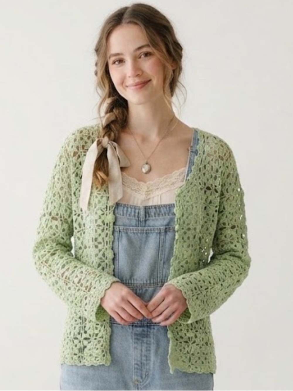 Handmade Sage Green Floral Crochet Open-Work Button Cardigan Cottagecore SZ M